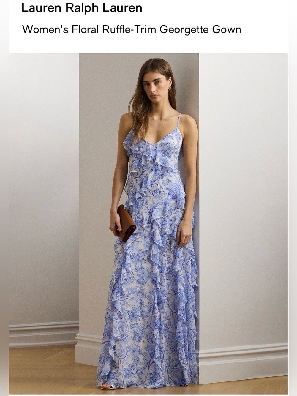 Lauren Ralph Lauren Blue and White Floral Ruffle-Trim Georgette Maxi Dress
